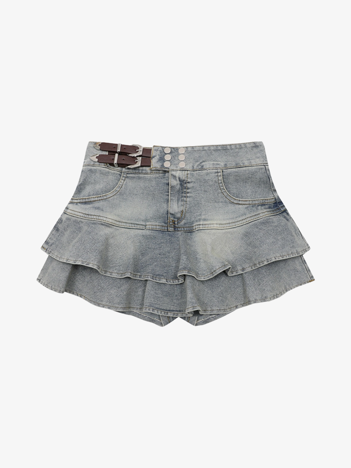 Blue Actchic Ruffle Hem Denim Mini Skirt Front