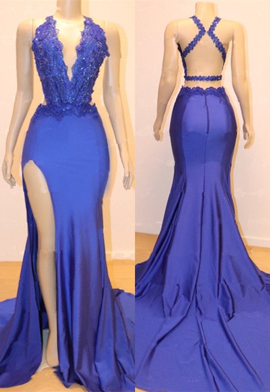 Blaues Neckholder Meerjungfrau langes Abendkleid mit Spitzenapplikationen PD0740 Lunass