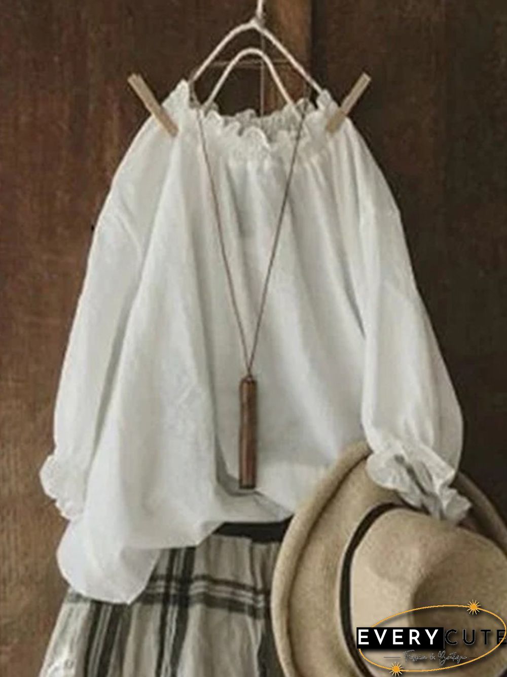 Vintage Plain Lace Plus Size Long Sleeve Casual Tops