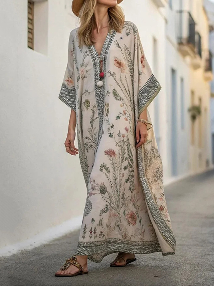 Comstylish Long Sleeve Kaftan Linen Vacation Maxi Dress