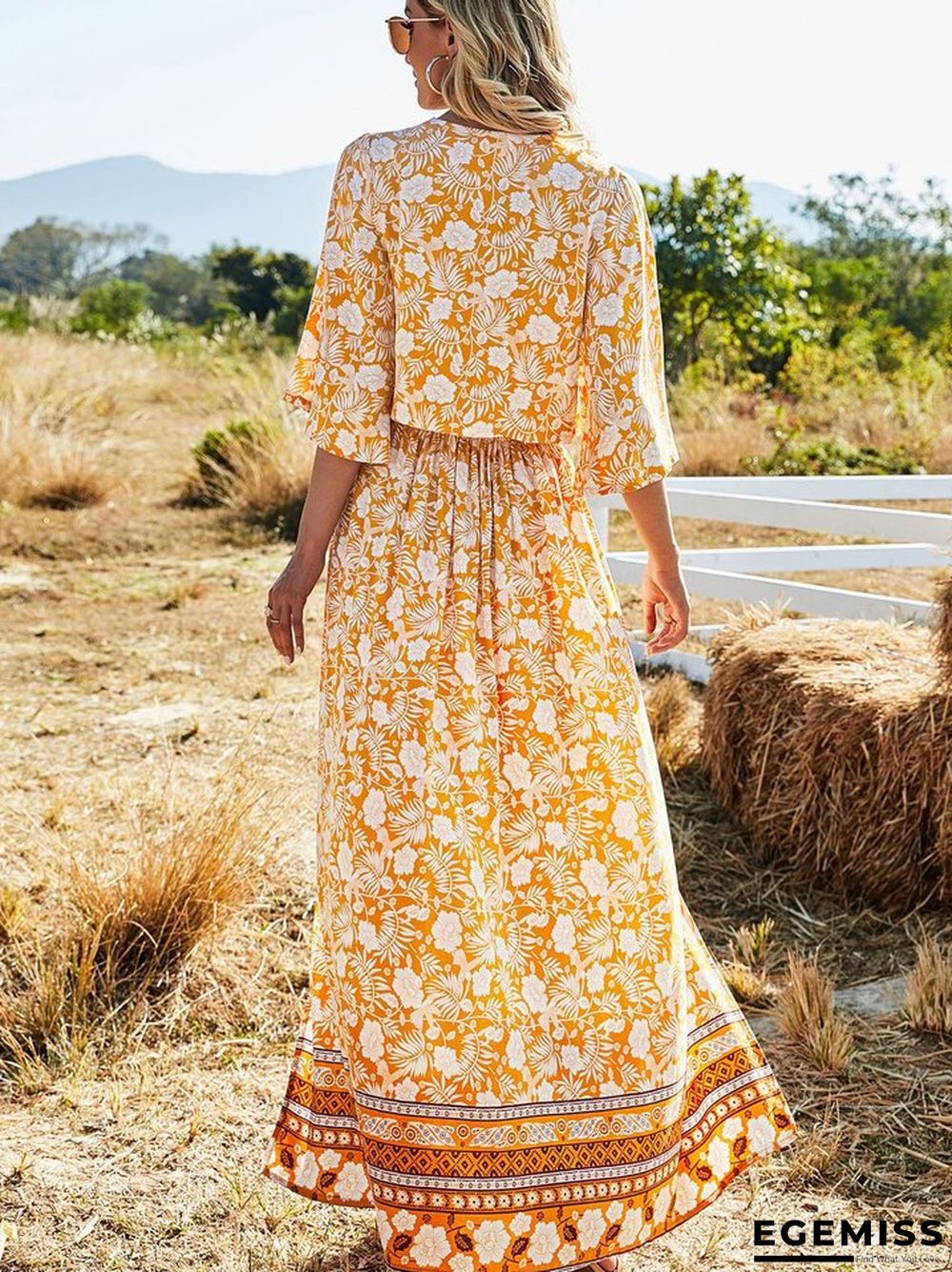 Bohemian Skirt Printed Long Skirt V-neck Sexy Two Piece Set | EGEMISS