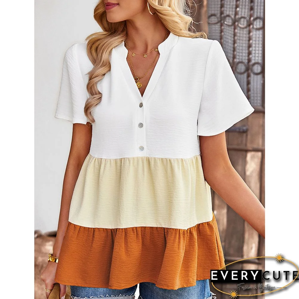 Orange Color Block Button V Neck Tops