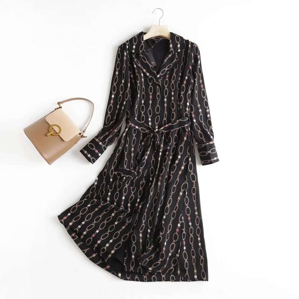 Christmas Gift Withered Autumn Vestidos De Fiesta De Noche England Style Office Lady Fashion Elegant Chain Printing Party Dress Women Vestidos