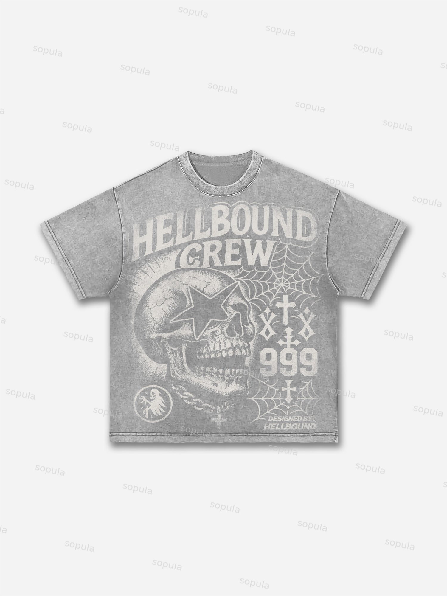 Hellbound Crew Vintage Skull Graphic Acid Wash T-shirt - Sopula｜Premium Graphic Tees & Graphic Clothing