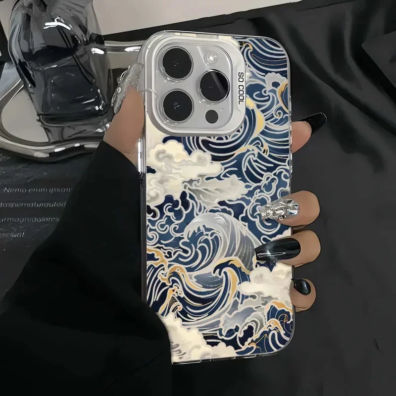 Aonga Japanese Waves Electroplate Silver IMD Phone Case for Samsung Galaxy S25 S24 S23 S22 Ultra S24 FE A16 A35 A15 A55 A24 A25 Cover aonga