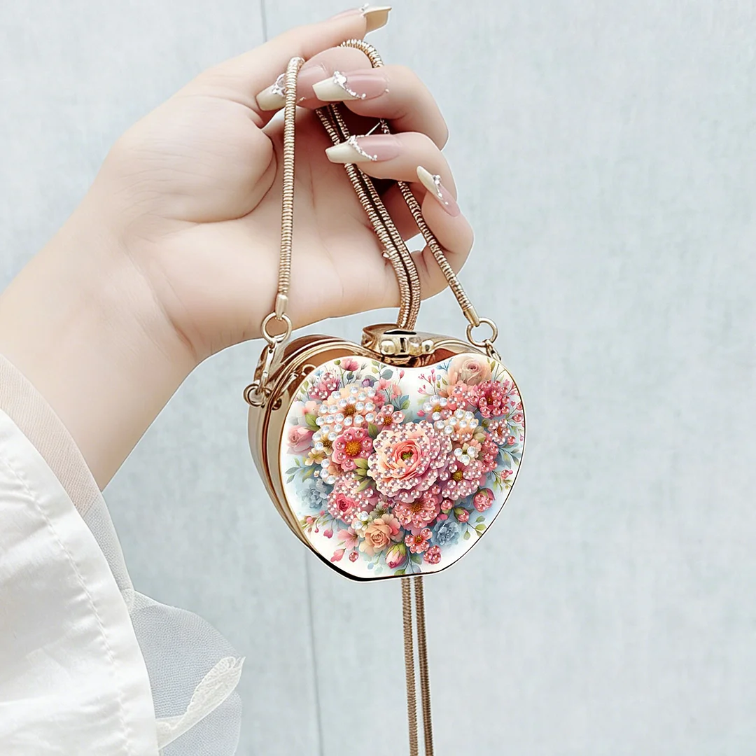 Flowers DIY Acrylic Love Diamond Art Painting Card Case Wallet with Chain Small Diamond Painting Crossbody Bag for Adults Women Girls Gift