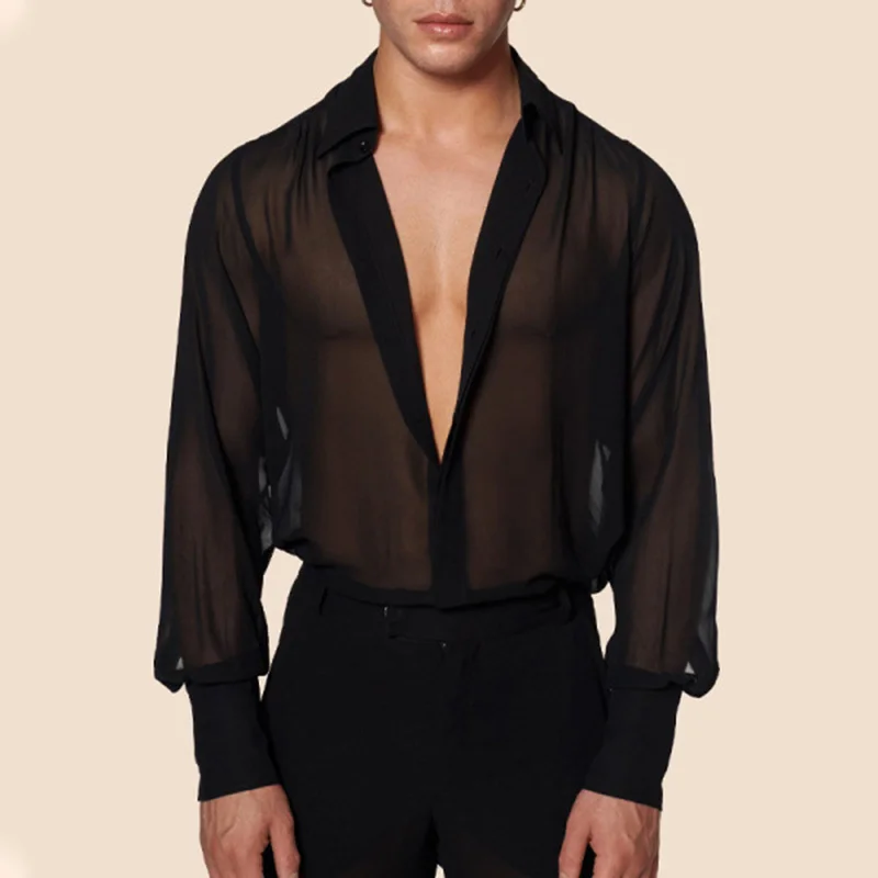Aonga Fashion Men's Streetwear Shirts Sexy Deep V Neck See Through Mesh Shirt For Men Summer Casual Lantern Sleeve Tops 2023 Clothing