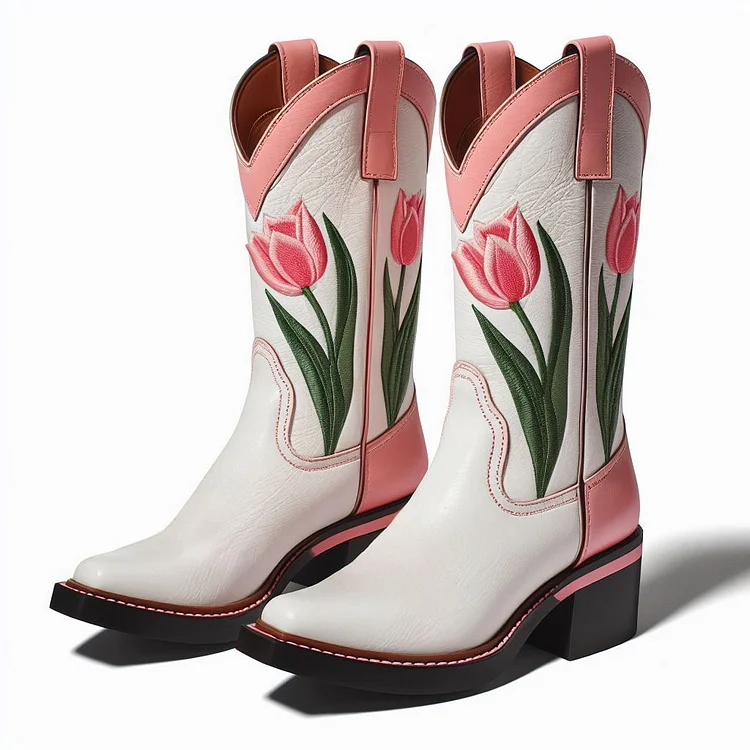 White & Pink Tulip Embroidered Chunky Heel Mid Calf Cowgirl Boots |FSJ Shoes