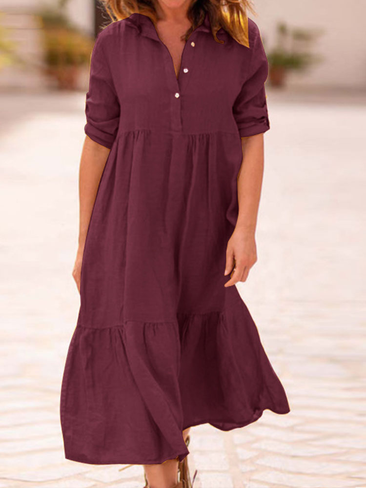 Retro Lapel Fashion Casual Cotton Linen Loose Midi Dress