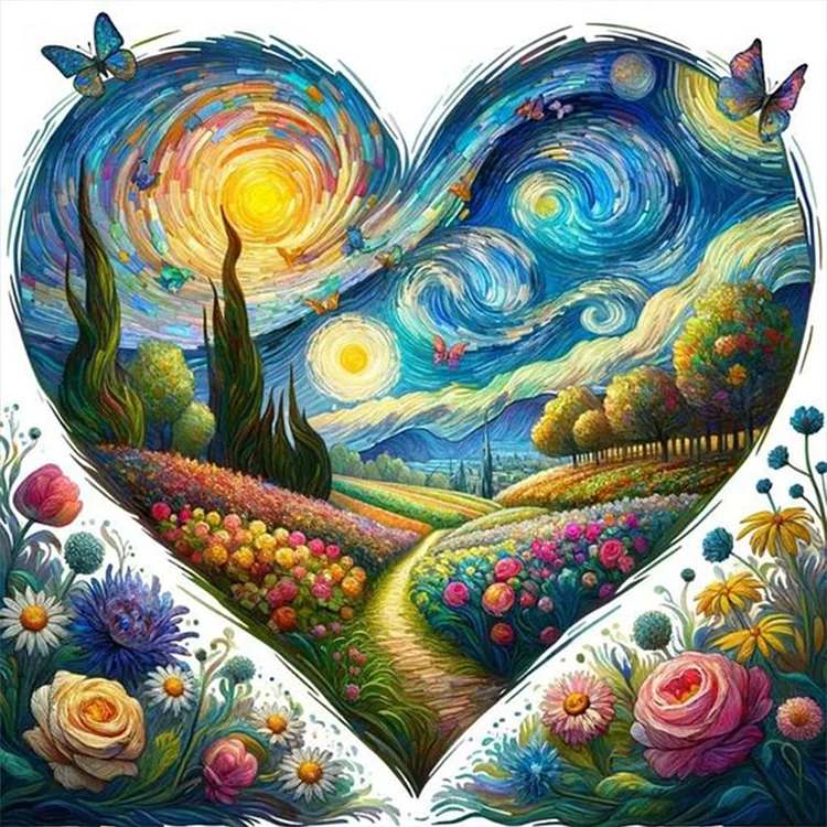 【Huacan Brand】Heart Shaped Van Gogh Landscape 11CT Stamped Cross Stitch 40*40CM