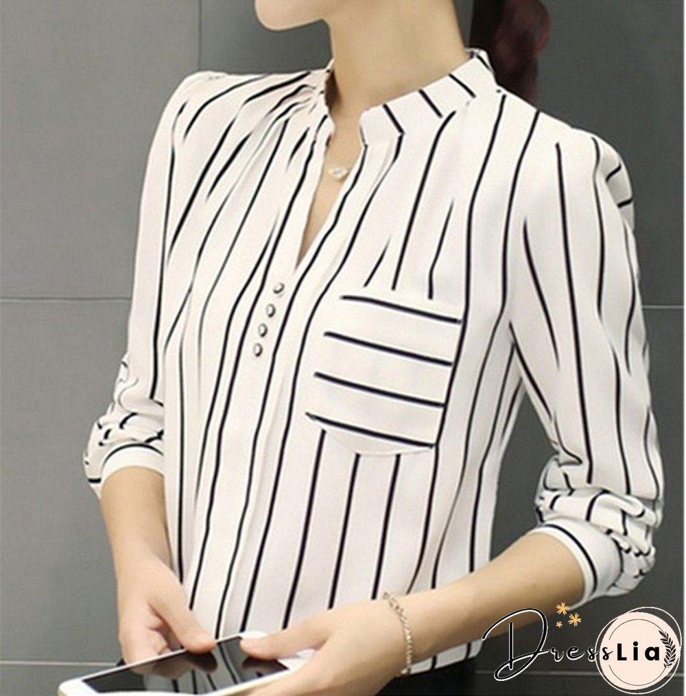 Women Blouses Plus Size Temperament Thin Long Sleeved Shirt Pocket Lapel Loose Chiffon Top