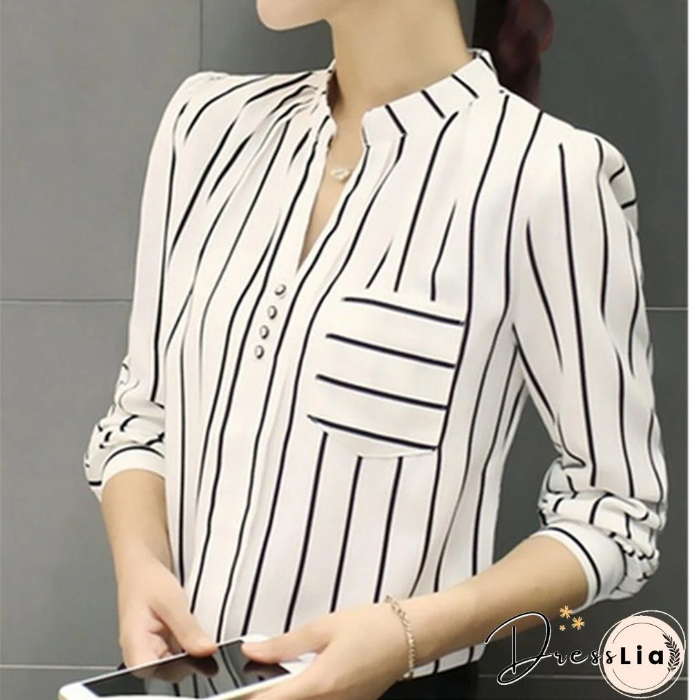 Women Blouses Plus Size Temperament Thin Long Sleeved Shirt Pocket Lapel Loose Chiffon Top
