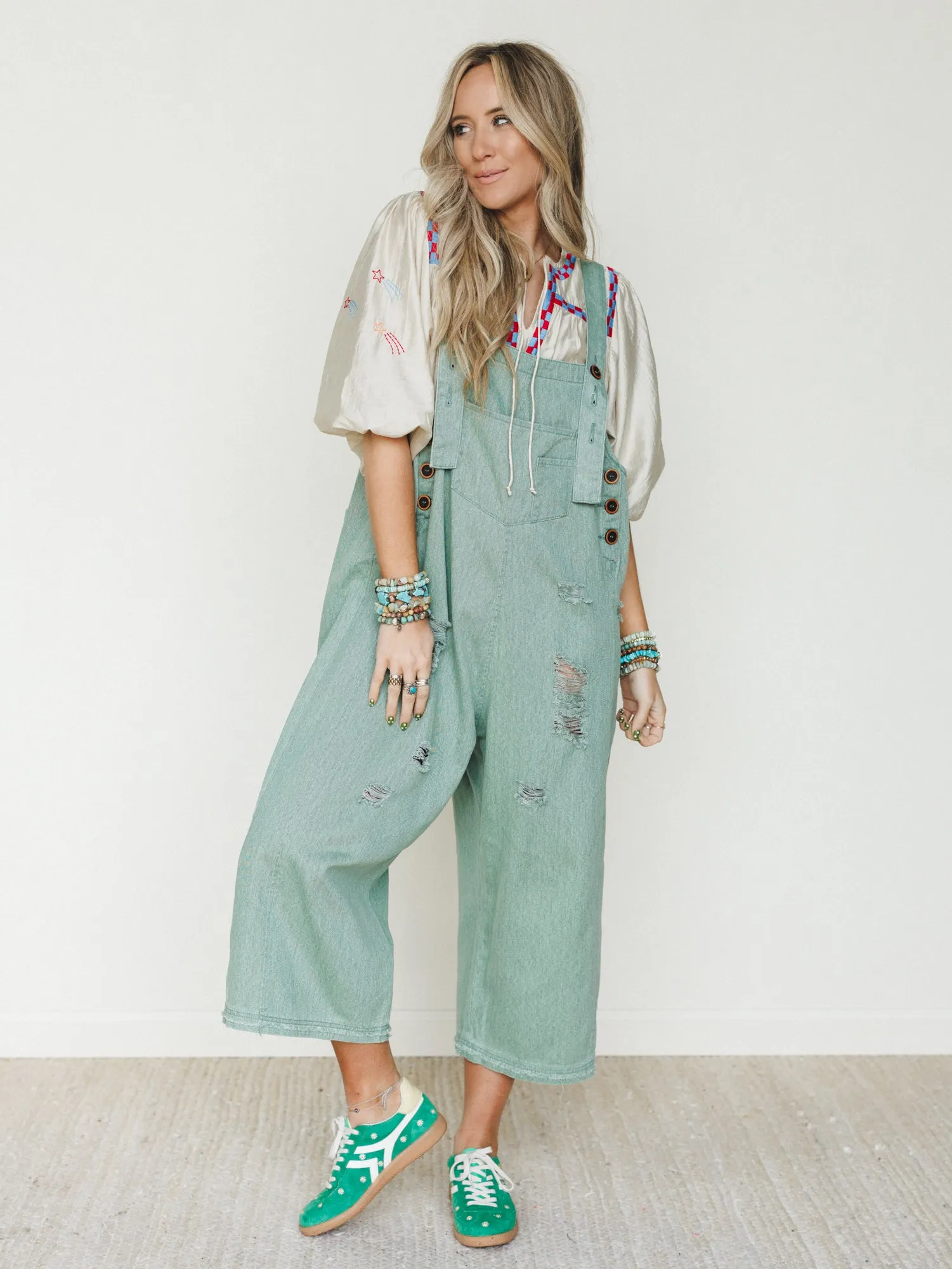 High Hopes Slouchy Denim Overalls - Sage
