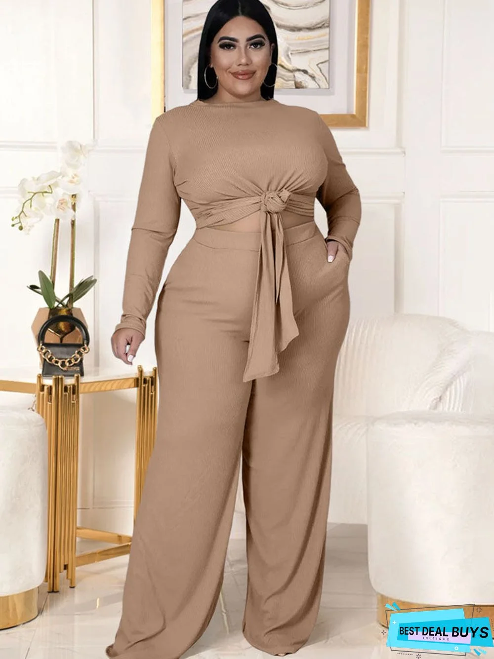 Plus Size Two Piece Crop Top Wide Leg Pants