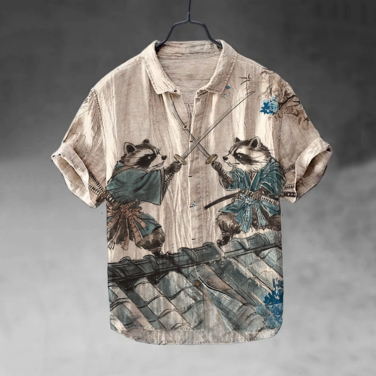 Men's Two Handsome Swordsman Raccoons In Samurai Costumes Fighting Art Casual Short Sleeve Shirts