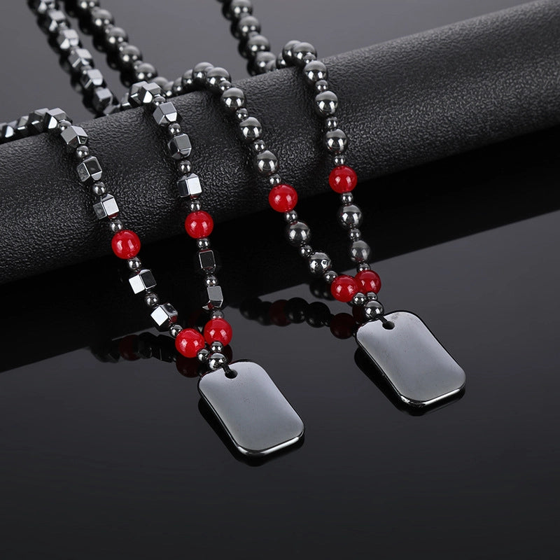 Chinoiserie Geometric Hematite Beaded Unisex Pendant Necklace