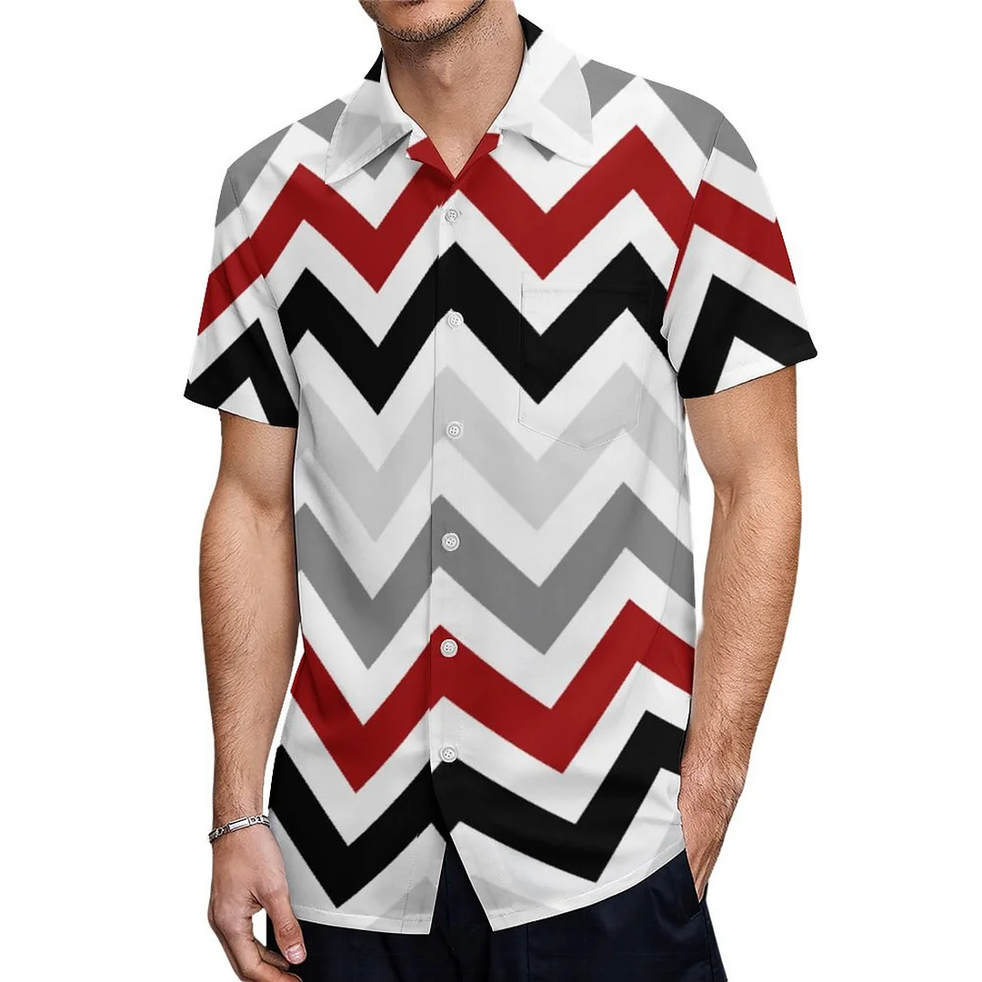 Dark Red Black Gray Chevron Zigzag Hawaiian Shirt Mens Button Down Plus Size Tropical Hawaii Beach Shirts