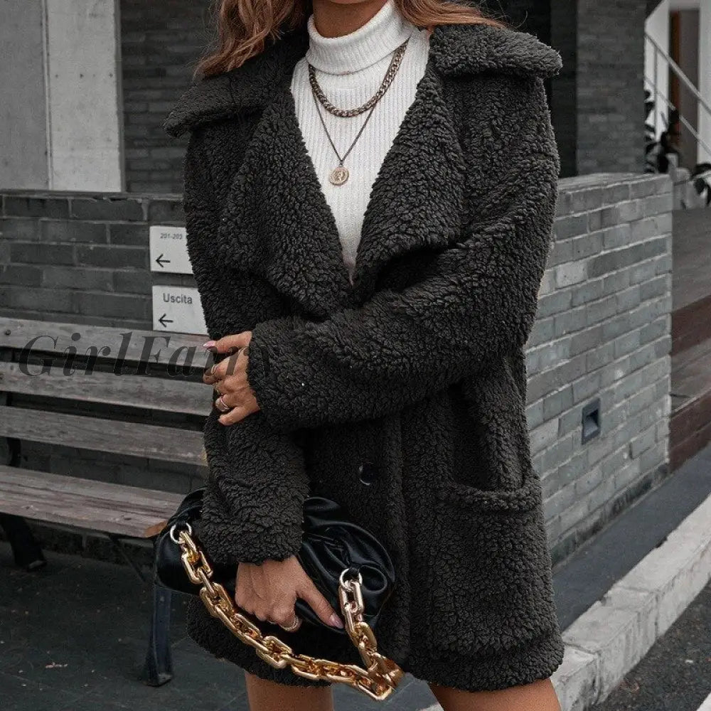 Girlfairy Fashion Women Fuzzy Fleece Jacket Winter Warm Long Sleeve Notched Lapel Solid Color Coat