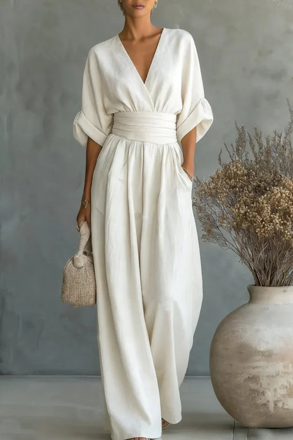 Solid Color V-neck Fitted Waist Pocket Casual Wide-leg Jumpsuit