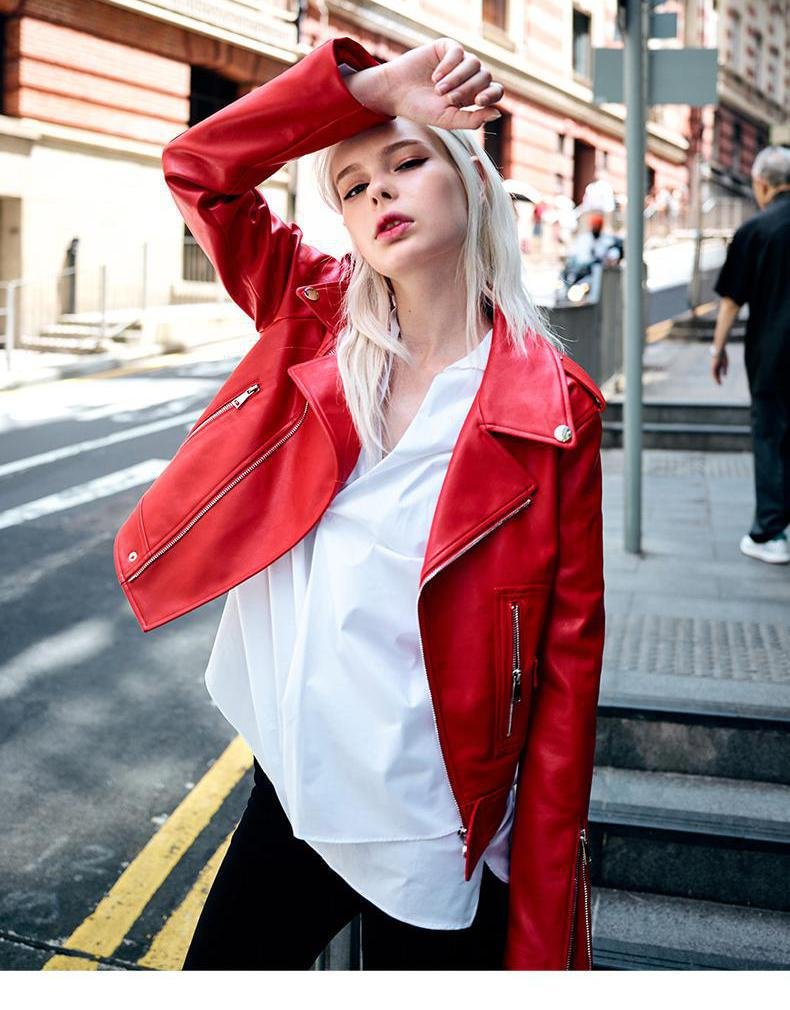 FTLZZ Autumn Faux Leather Coat Women Red PU Leather Jacket Women Short Biker Jackets Turn Down Collar Slim Motorcycle Outwear