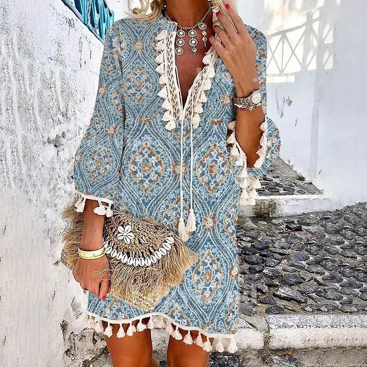 Comstylish Boho Tribal Printed Tassel V Neck Mini Dress
