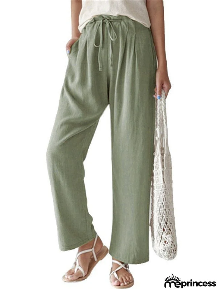 Female Leisure Solid Color Drawstring Linen Cotton Pants