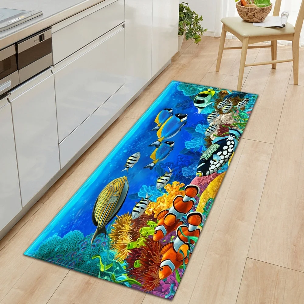 3D Ocean World Fish Carpet Kitchen Mat Entrance Doormat Bedroom Home Floor Decoration Living Room Carpet Bathroom Anti-slip Rug