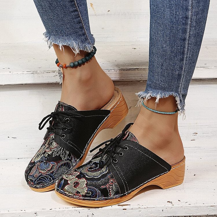 Retro Floral Cloth Lace Up Decor Wood Mules Clogs Comfy Low Heel Sandals Slippers Women Shoes Comfortable Casual Canvas Shoes