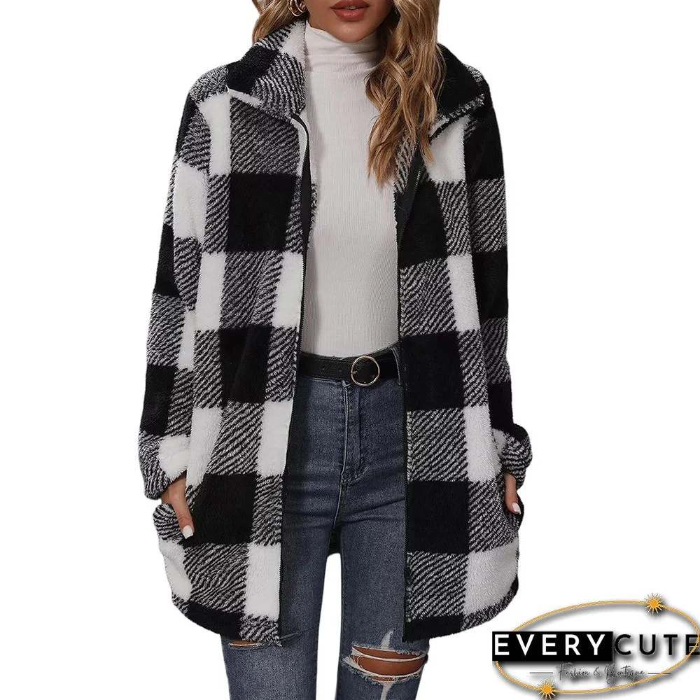 Plaid Print Lapel Double Faced Plush Long Coat with Pocket