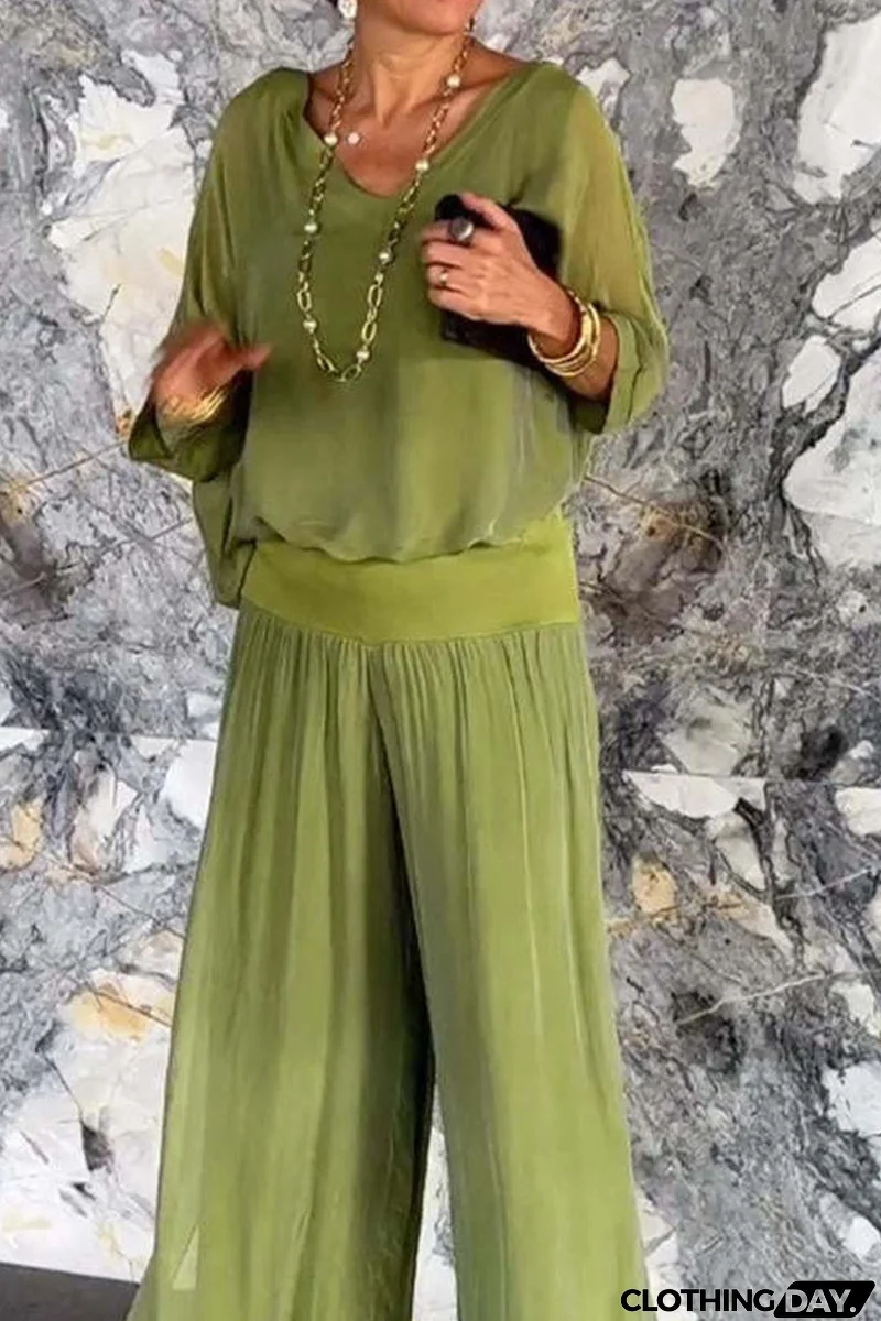 Elegant Solid Patchwork V Neck Half Sleeve Two Pieces