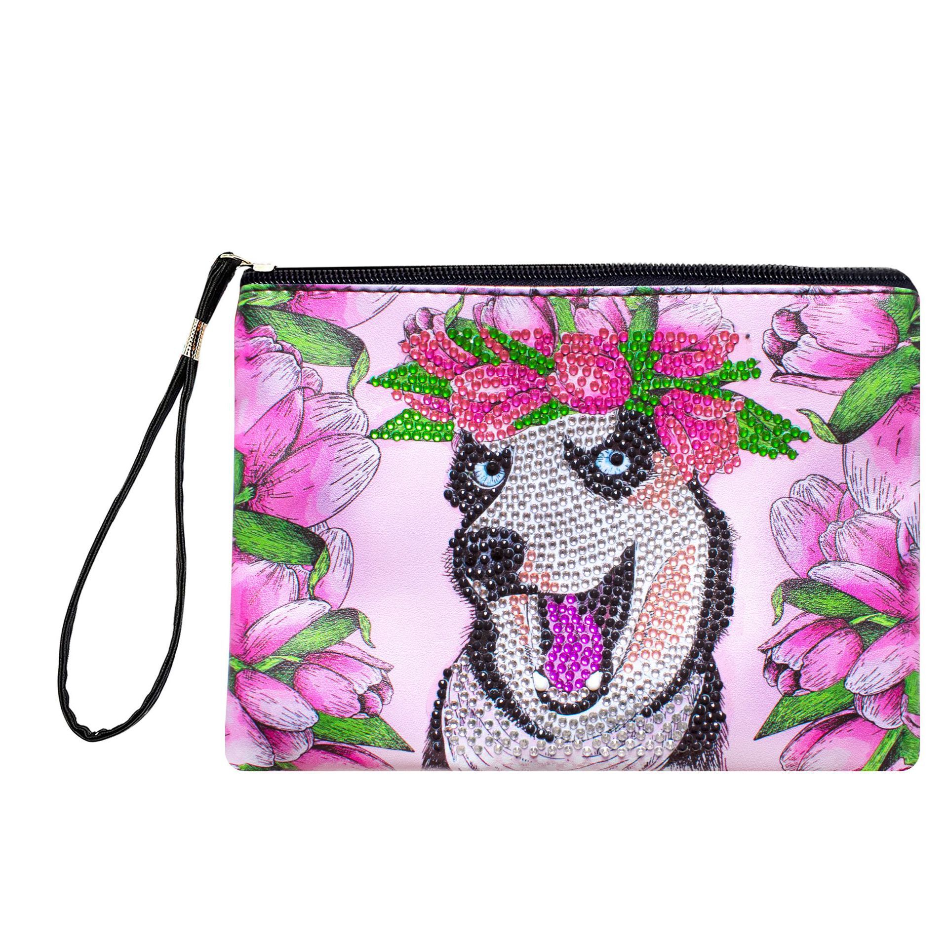 Cross Mirror Animal Pattern 5D Diamond Painted Handbag Makeup Bag Dog Style Handmade Diamond Art Craft Bag