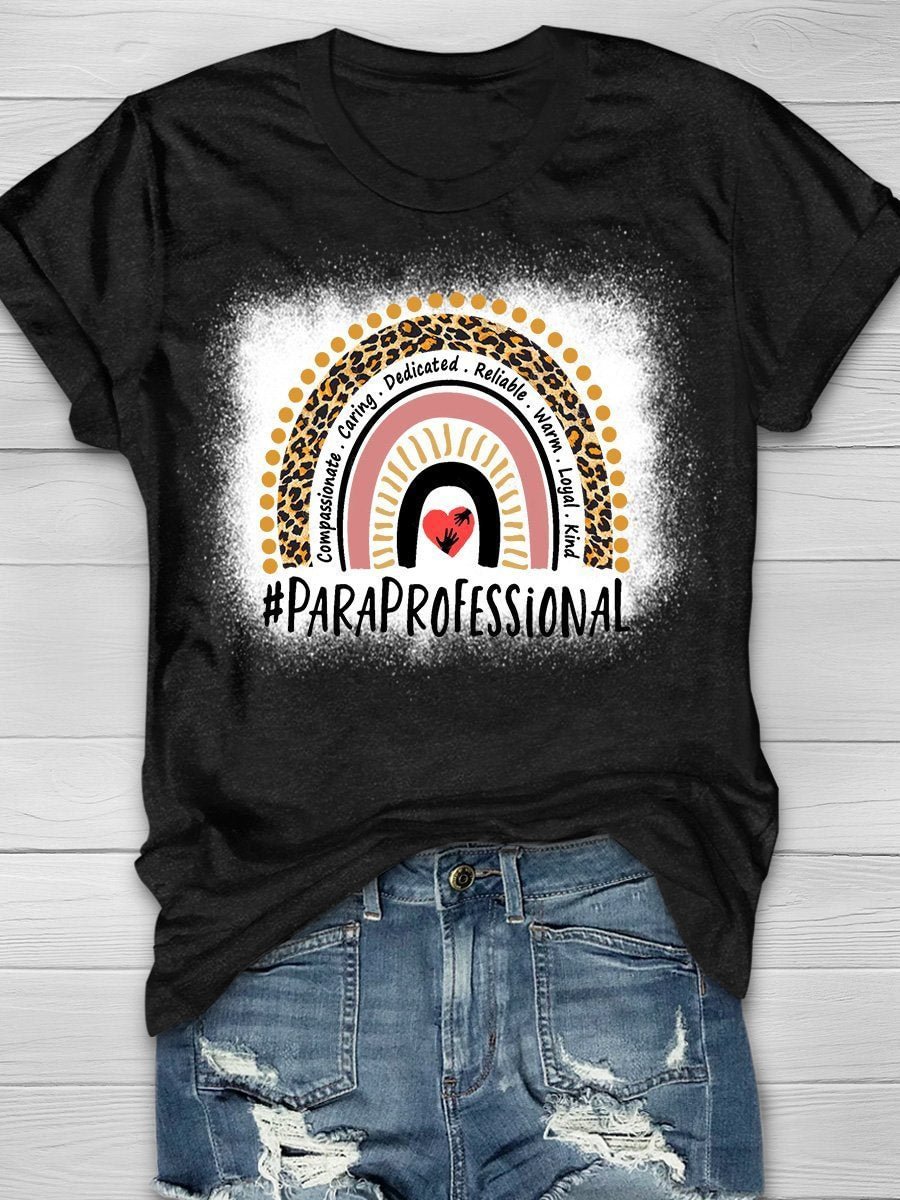 Paraprofessional Leopard Rainbow Teacher Print Short Sleeve T-shirt