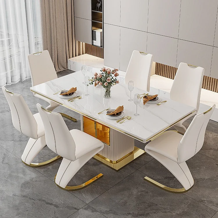 Homemys Modern Dining Table Sintered Stone Dining Table with Storage Cabinet Drawer Base