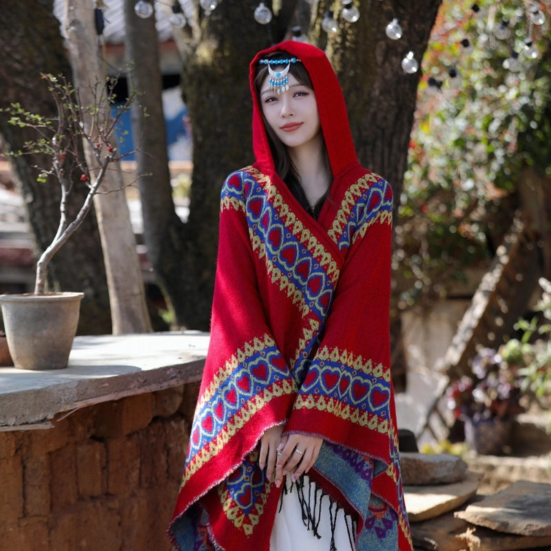 Ethnic Style Hooded Shawl Cloak Lijiang Xinjiang Tibet Northwest Tourism Wear Photograph Warm Outer Cape