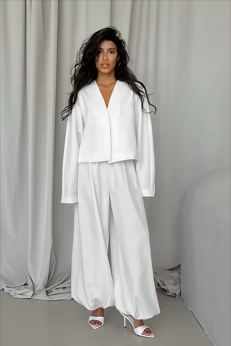 Solid V-neck Cardigan Tapered Two Piece Set