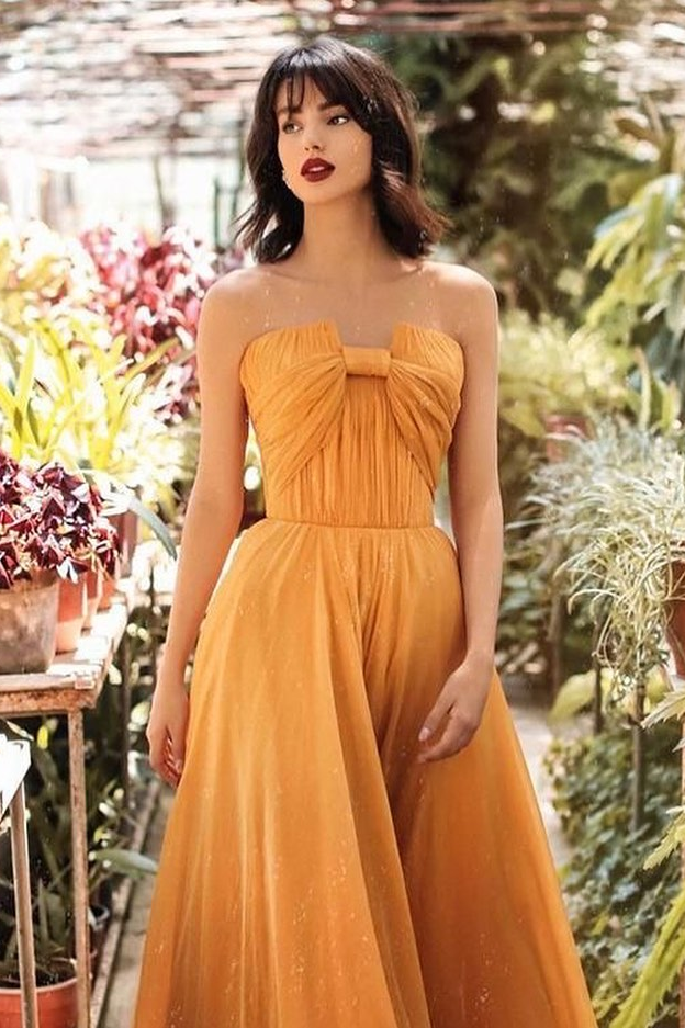 Daisda Sleeveless Strapless Pleated A-Line Prom Dress With Bowknot
