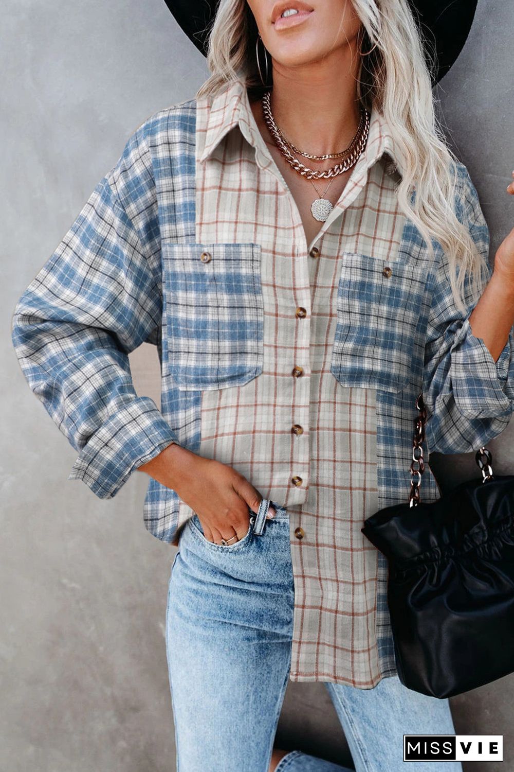 Plaid Color Block Pocket Button-up Long Sleeve Shirt