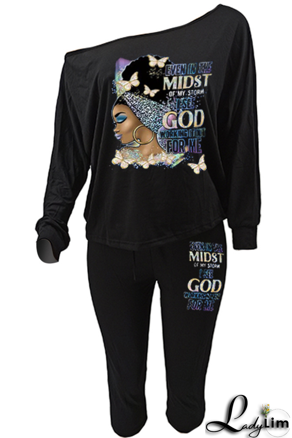 Black Fashion Print Patchwork One Shoulder Long Sleeve Two Pieces