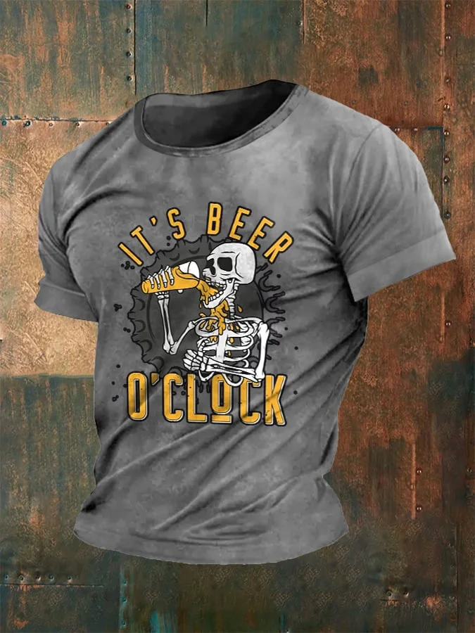 Men's Skull Beer Print Crew Neck T-Shirt