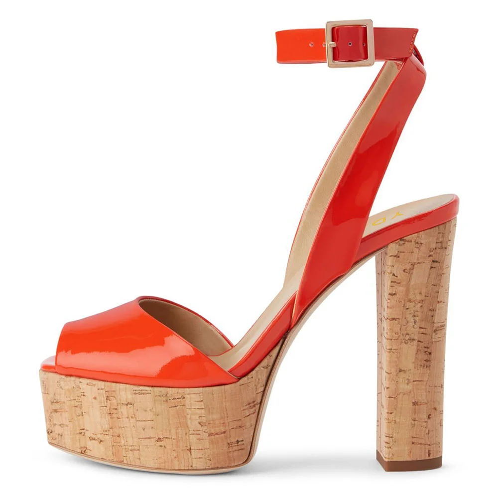 Red Patent Platform Peep Toe Chunky Heel Ankle Strap Summer Sandals