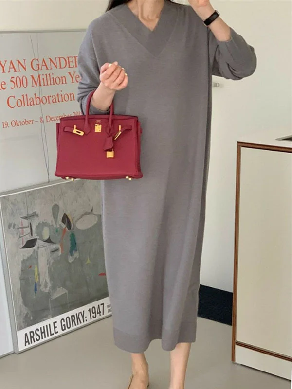 Urban Loose Long Sleeves Solid Color V-Neck Sweater Dresses