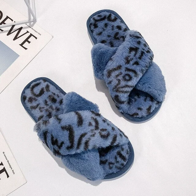 Thick Winter Women House Slippers Faux Fur Fashion Warm Shoes Woman Slip on Flats Female Slides Leopard Cozy Home Furry Slippers