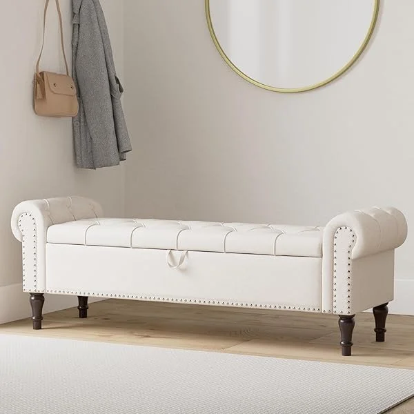 Storage Bench Ottoman, 62" King Linen Rolled Arm Bedroom End of Bed Bench, Window Bench with Button Tufted and Nailhead Trim for Foot of Bed Bench, Bedroom, Entryway, Living Room, Linen Color 62 inch Linen Color