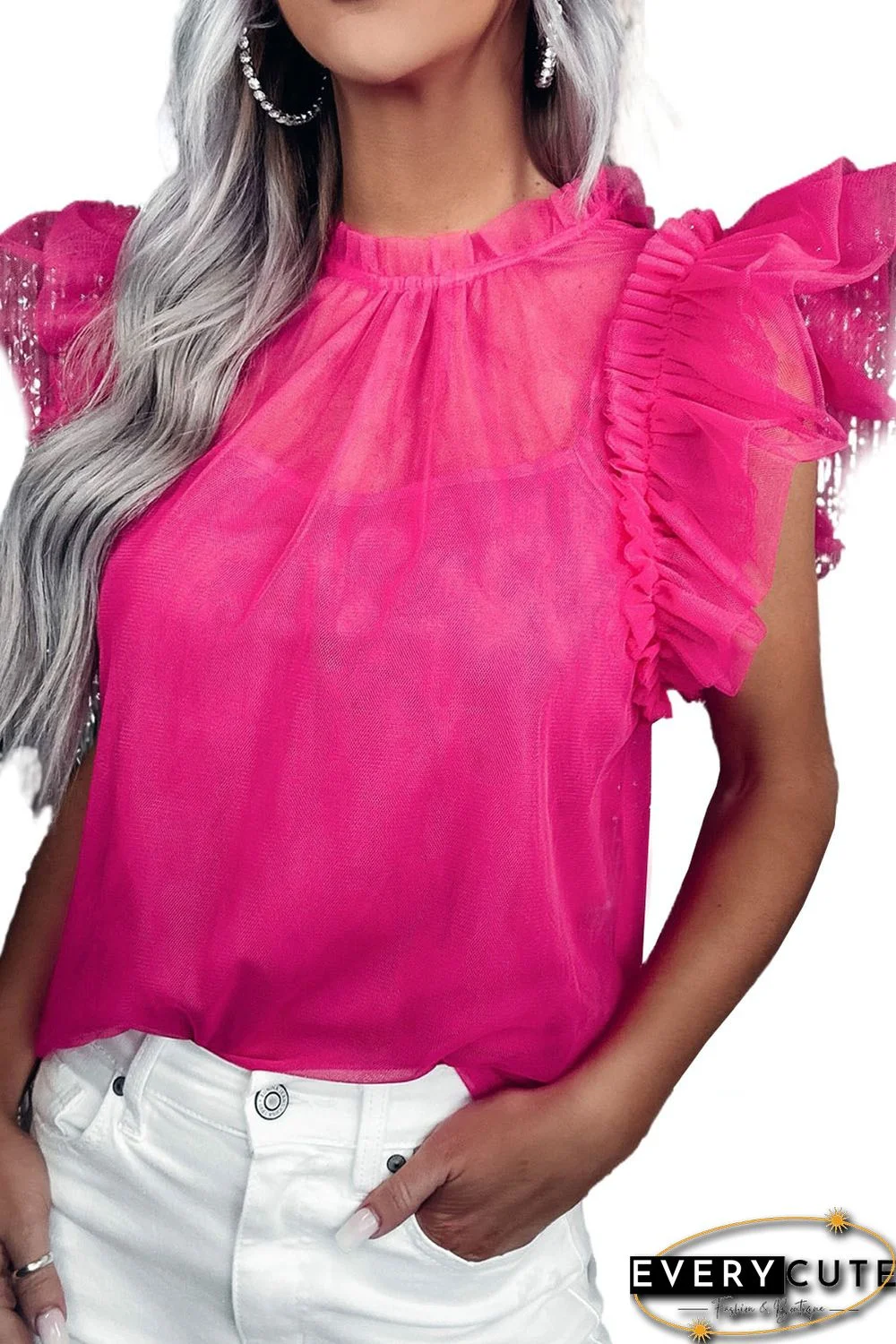 Rose Sheer Ruffle Tulle Flutter Sleeve Blouse