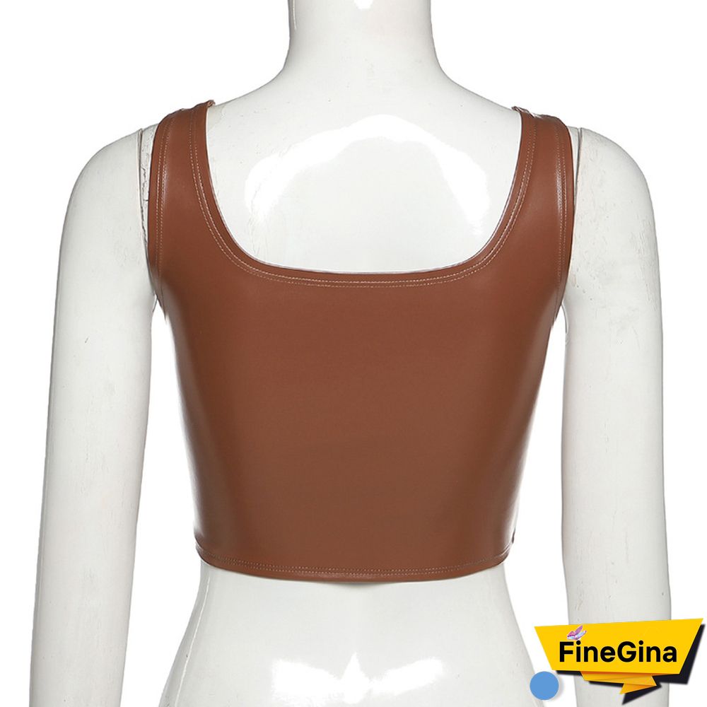 Faux Pu Leather Sexy Tank Push Up Brown Corset Crop Tops Women Club Party Sleeveless Female Backless Camis Tees