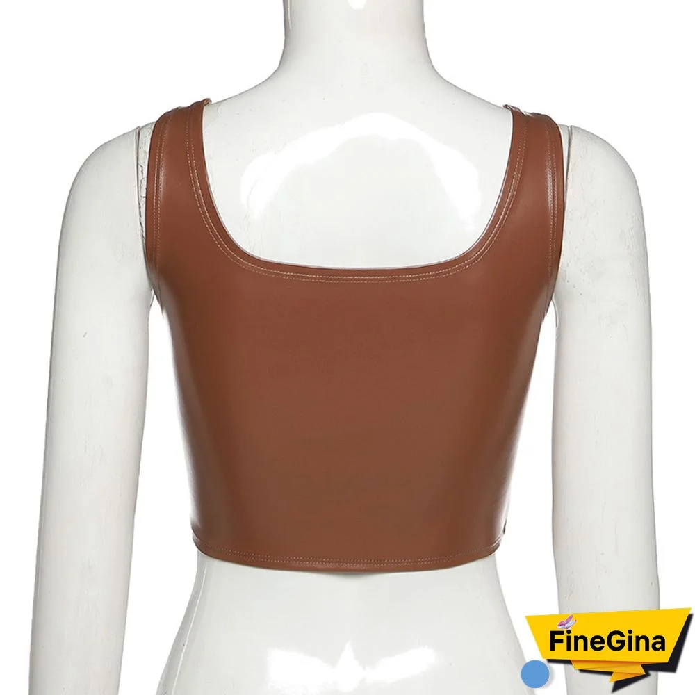 Faux Pu Leather Sexy Tank Push Up Brown Corset Crop Tops Women Club Party Sleeveless Female Backless Camis Tees