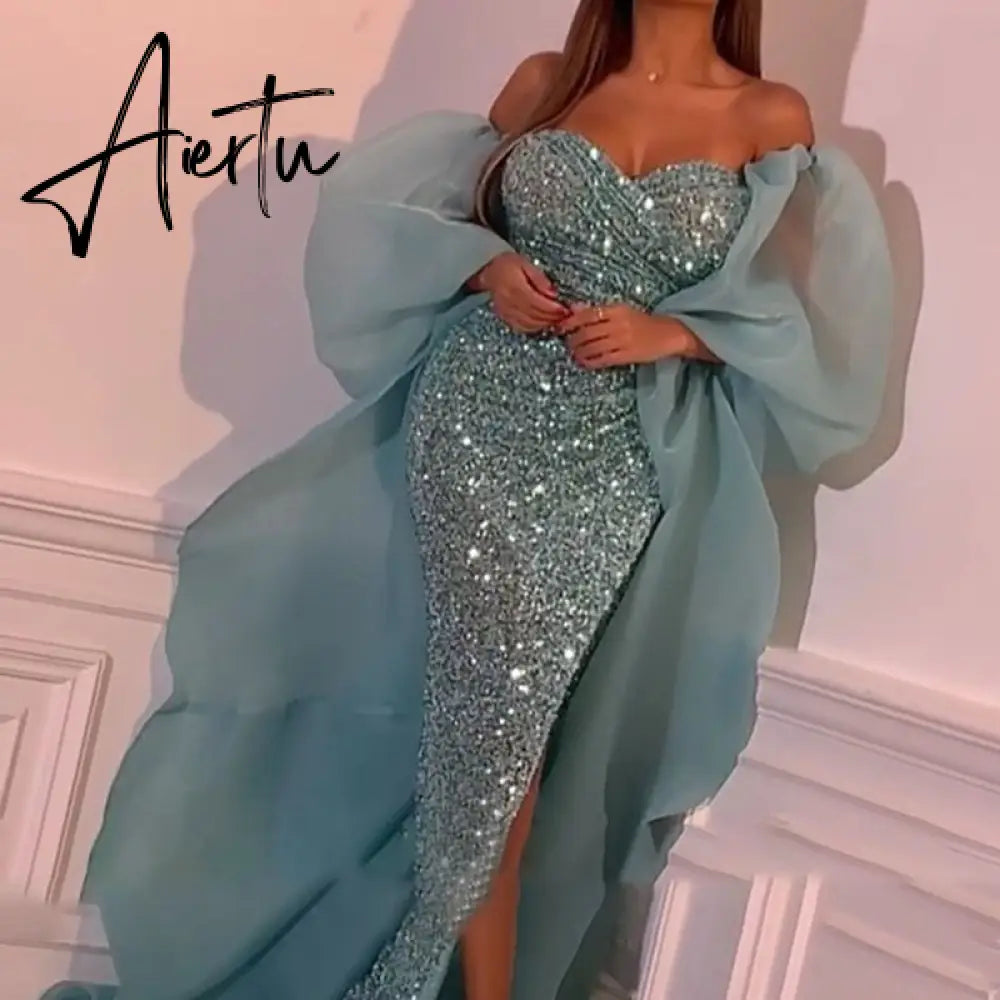 Aiertu new Hot Sale sexy mesh wrap sheath prom evening dress Deep V Neck Long Sleeve Side Slit Mermaid Evening Dress Aiertu