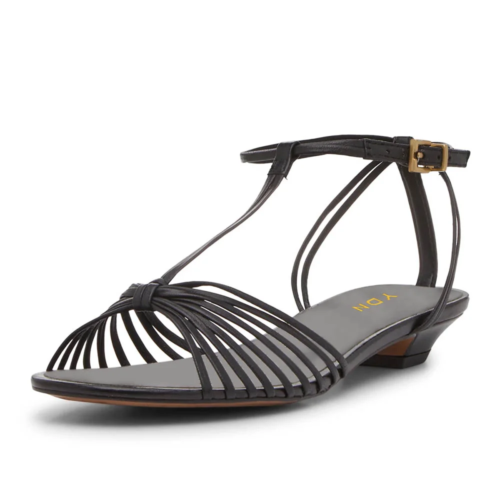 YDN Vegan Leather Open Round Toe Strap Heels Sandals in Black