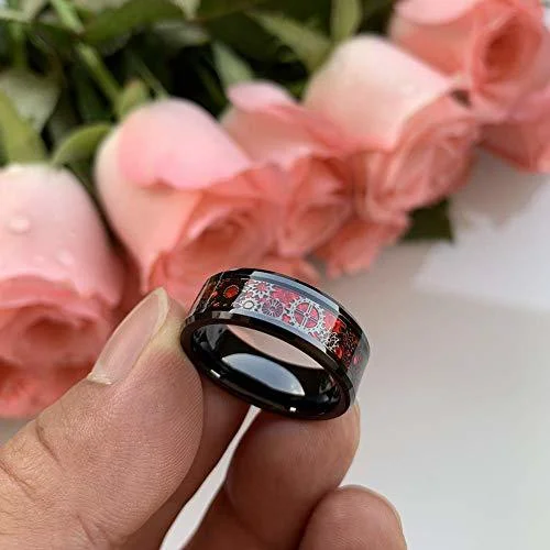 6MM 8MM Women's or Men's Tungsten Carbide Watches Gear Rings Black With Dark Color Watch Gear Resin Inlay Design
