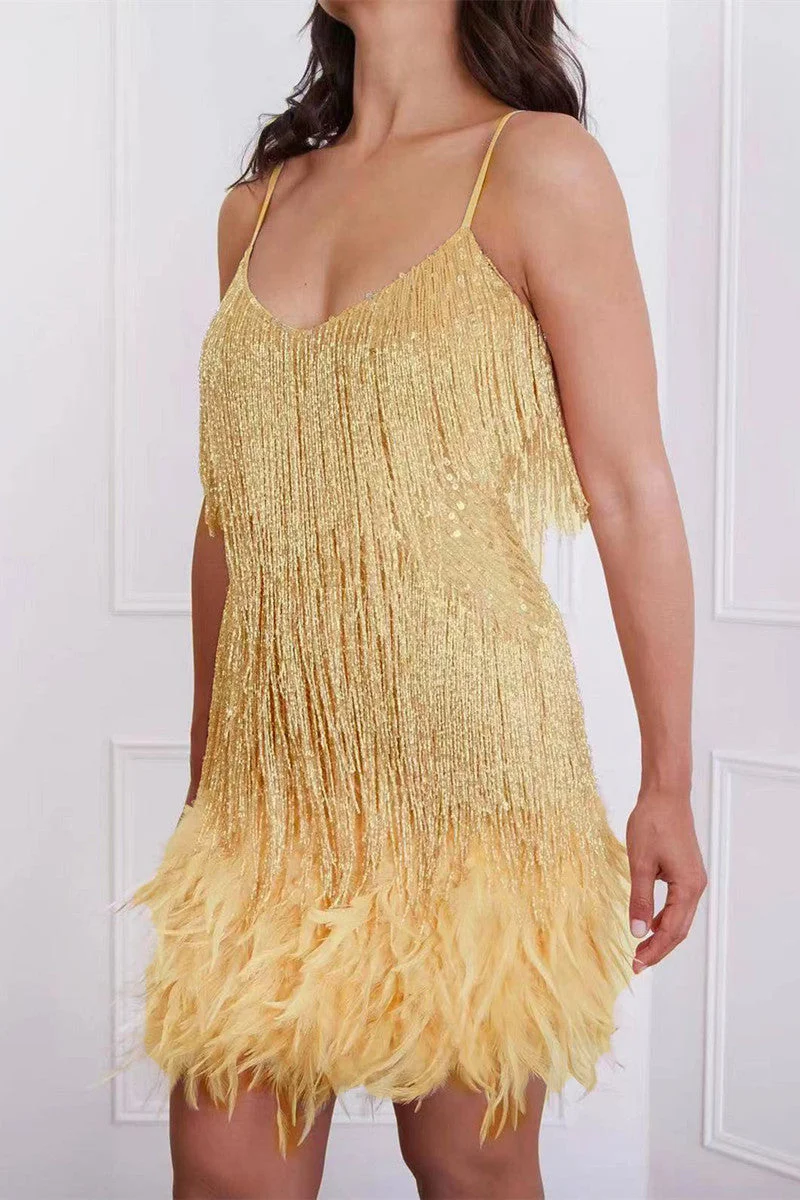 Fashion Sexy Patchwork Sequins Feathers V Neck Sling Dress